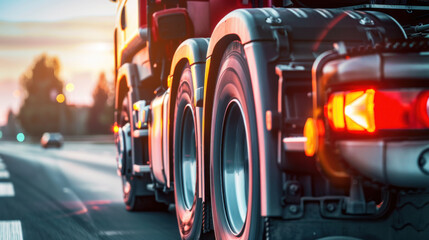 Wall Mural - Semi trailer trucks road sunset. Fast and heavy semi delivering cargo. International shipping transportation industry in motion. Big driving highway, carrying freight. Logistic business in with long.