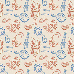 Seafood seamless pattern hand drawn vector illustration. Repeating background with fish, oysters, mussels, crab, lobsters, clams, mussels, sardines, marine motif. Decorative ornament 