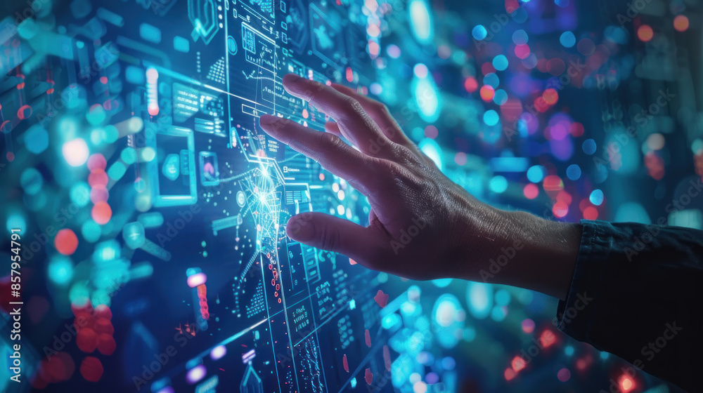 human touching virtual panel with binary code on it. Futuristic concept ...