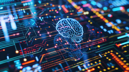 Wall Mural - Abstract glowing human brain digital circuit board background. Futuristic artificial intelligence, neural network connection, modern technology in cyberspace, innovation and future ai in science.
