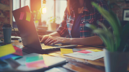 Businesswoman working on laptop computer in office. Freelance concept. Professional woman using technology for job. Modern with indoor connection. Concentration on work at desk. Success in business.