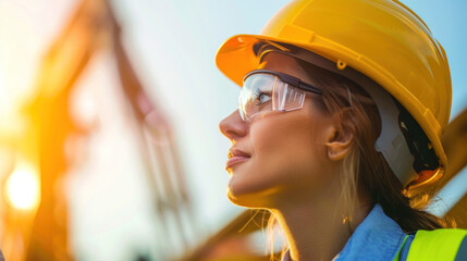 Wall Mural - Portrait female construction worker wearing safety glasses and yellow helmet, standing industrial site. Professional engineer in hardhat, smiling development. builder hard hat, working in industry