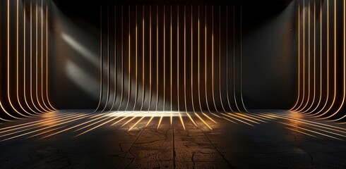 Wall Mural - Abstract Golden Neon Lines in a Dark Room