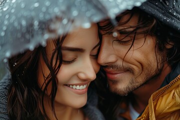 Wall Mural -  Portrait of a happy couple on a rainy day under an umbrella. 