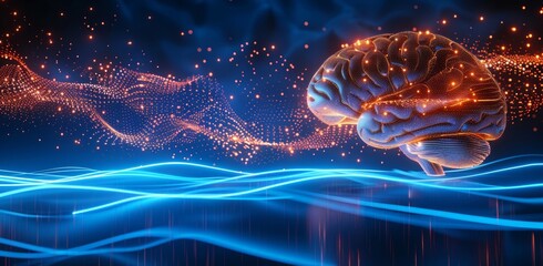 Wall Mural - Digital Brain with Blue and Orange Lights