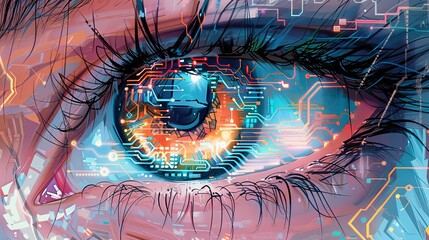 Wall Mural - Close-up of a human eye with digital technology reflections