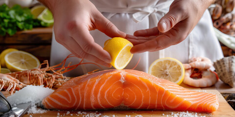 Wall Mural - Chef adding a lemon slice on top of a raw salmon fillet with seafood and cooking ingredients around..