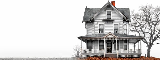 A white house with a porch and a chimney. The house is surrounded by trees and the sky is cloudy