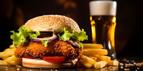 Wall Mural - Indulge in a gourmet chicken burger with lettuce, cheese, and a refreshing cola. Concept Food, Burger, Chicken, Lettuce, Cheese, Cola, Gourmet, Refreshing, Indulge