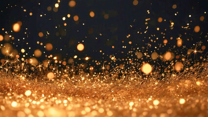 Poster - abstract golden bokeh with flying dots circles energy particles and light rays background