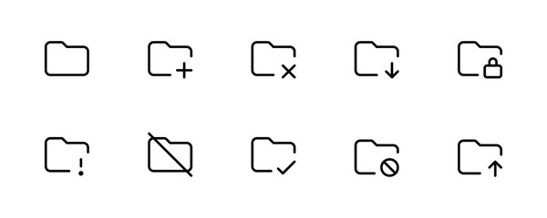 Document folder icons. Office folder icon set. computer folder symbols pc folder, document search, important, checkmark, cross, cloud, plus, minus, upload, download, favorite, lock folder vector