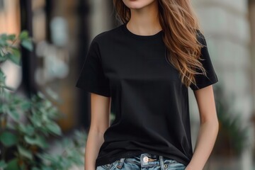 young woman wearing blank black tshirt fashion mockup template