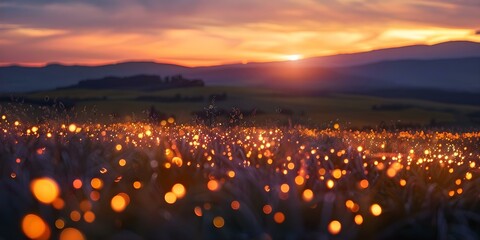 Wall Mural - Pixies illuminate field with enchanting light display at sunset. Concept Fantasy, Pixies, Enchantment, Field, Sunset