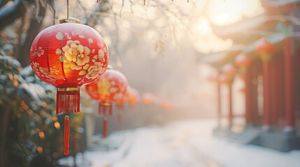 Beautiful lanterns in winter chinese new year background