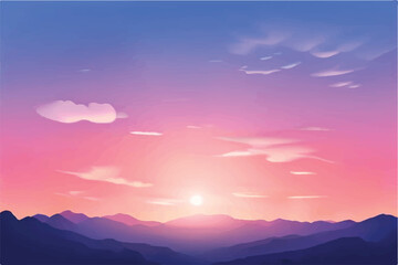Wall Mural - Mountain landscape with flare of the sun rise in panoramic view. sunrise, sun, mountain, watercolor, sunset, landscape, background, fog, flat, vector, nature, illustration, pattern, abstract, sky.