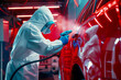 © Renata Hamuda - Automotive mechanic in protective suit painting a red car with spray paint