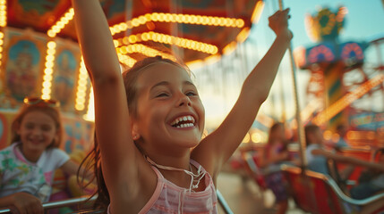 Little girl riding merry go round at carnival