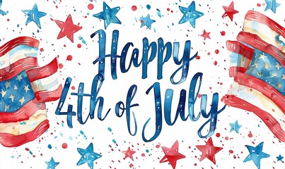 Wall Mural - USA Happy 4th of July calligraphy lettering background - independence day holiday in United States of America. Abstract grunge watercolor paint splashes in flag colors with text. 