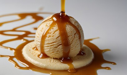 Wall Mural - vanilla ice cream with melted caramel sauce isolated on a white background