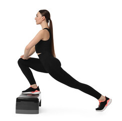 Poster - Young woman doing aerobic exercise with step platform on white background