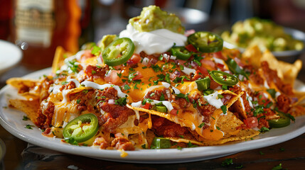 a plate of loaded nachos, piled high with melted cheese, jalapeños, sour cream, and guacamole