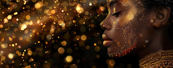 Wall Mural - a beautiful african american woman with gold glitter flowing out of her hands, necklace and earrings made from pearls on black background