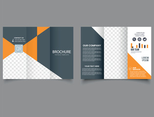 Wall Mural - Orange gray trifold brochure with triangles. Creative and Professional tri fold brochure design. brochure template, creative tri-fold, trend brochure template vector