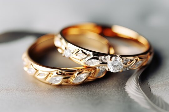 Wedding metal rings with diamonds on black background