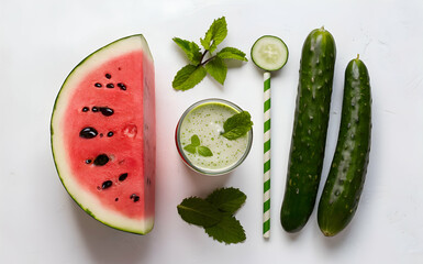 Wall Mural - A cucumber mint watermelon smoothie isolated white background