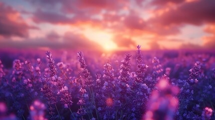 Wall Mural - Lavender Fields at Sunset in a Dreamy Atmosphere with Violet and Orange Hues