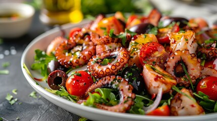 Wall Mural - Close-Up of Mediterranean Octopus Salad with Cherry Tomatoes, Olives, and Fresh Greens