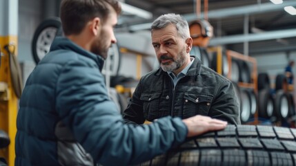 Poster - Two men are talking about a tire