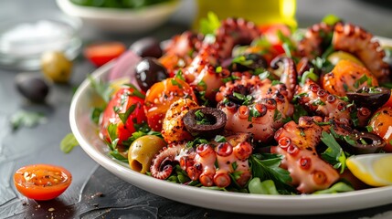 Wall Mural - Close-Up of Mediterranean Octopus Salad with Cherry Tomatoes, Olives, and Fresh Greens