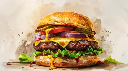 Wall Mural - appetizing double cheeseburger with fresh ingredients on white digital illustration