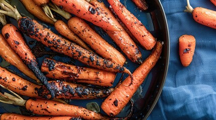 Wall Mural - Roasted Carrots with Black Pepper and Salt on a Blue Plate