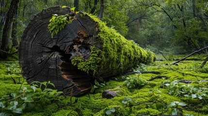 Poster - A large log is covered in moss and surrounded by green grass. Concept of tranquility and natural beauty, as the moss-covered log seems to blend seamlessly with the lush green surroundings