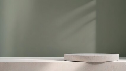 Poster - Round light marble podium for product presentation against a gray green wall with a beautiful shadow.