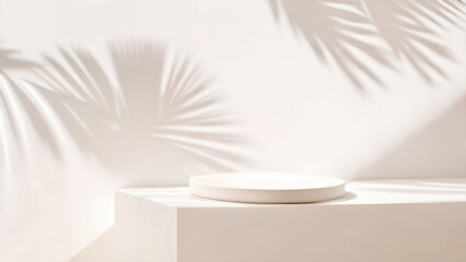 Poster - A round light podium for product presentation against the background of a beige wall with a beautiful shadow of palm leaves.