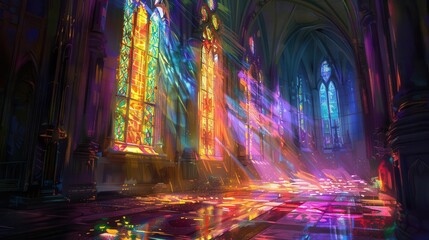 Wall Mural - dramatic light filtering through stained glass windows in dimly lit church creating sense of spirituality and reverence digital painting