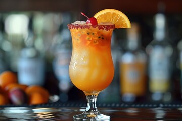 A hurricane cocktail in a tall glass, with rum, passion fruit juice, orange juice, and grenadine, garnished with an orange slice and cherry. 