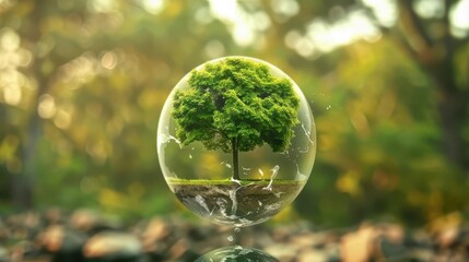 Poster - ecofriendly globe with lush green tree growing blurred nature background concept illustration
