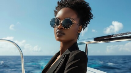 Wall Mural - elegant black woman in high fashion attire on luxury yacht deck stylish portrait