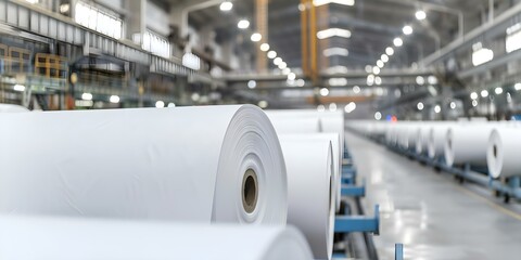 Wall Mural - Automated Machines Roll Paper into Finished Rolls at a Paper Production Plant. Concept Paper Production, Automated Machines, Roll Conversion, Manufacturing Process, Finished Products