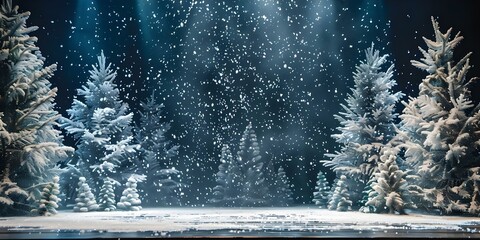 Winter-themed stage set with artificial snowfall against pine tree backdrop. Concept Winter Wonderland Set, Artificial Snowfall, Pine Tree Backdrop, Seasonal Photoshoot, Festive Stage Decor