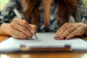 Close-up of a woman's hand signing a document with a pen.