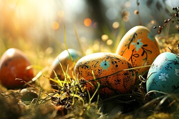 Vibrant Easter eggs scattered among fresh green grass.