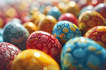 Poster - Many colorful eggs lined up in a row, showcasing a vibrant display of various hues and patterns.

