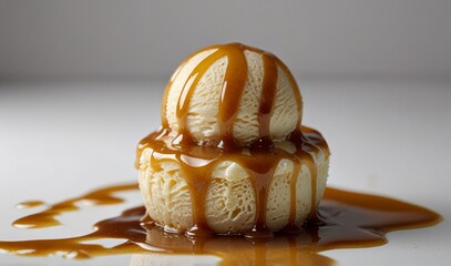 Wall Mural - vanilla ice cream with melted caramel sauce isolated on a white background