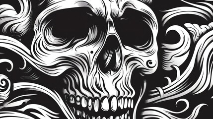Wall Mural - A black and white illustration of a skull with flourishes. The skull is facing the viewer and has its mouth open.