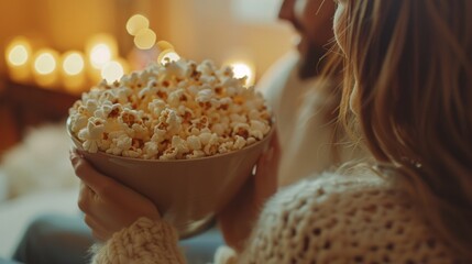 Wall Mural - A couple eating popcorn at home movie